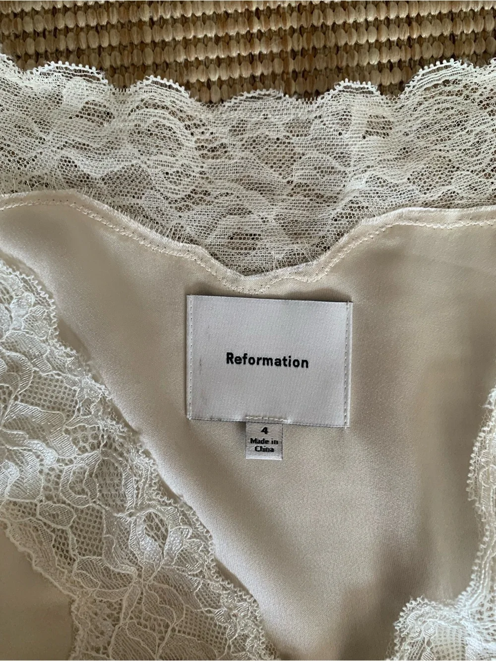 Reformation Avin Lace Silky Satin Ribbon Bow Short Puff Sleeve Mini Dress Cream - Picture 4 of 7